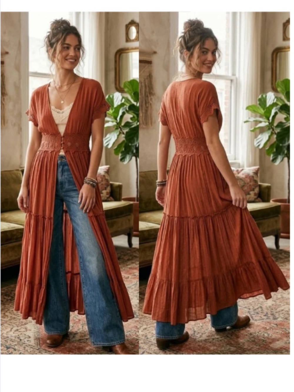 RARE BluIvy Lace Trim Tiered Maxi Duster Cardigan Rust Orange (S)